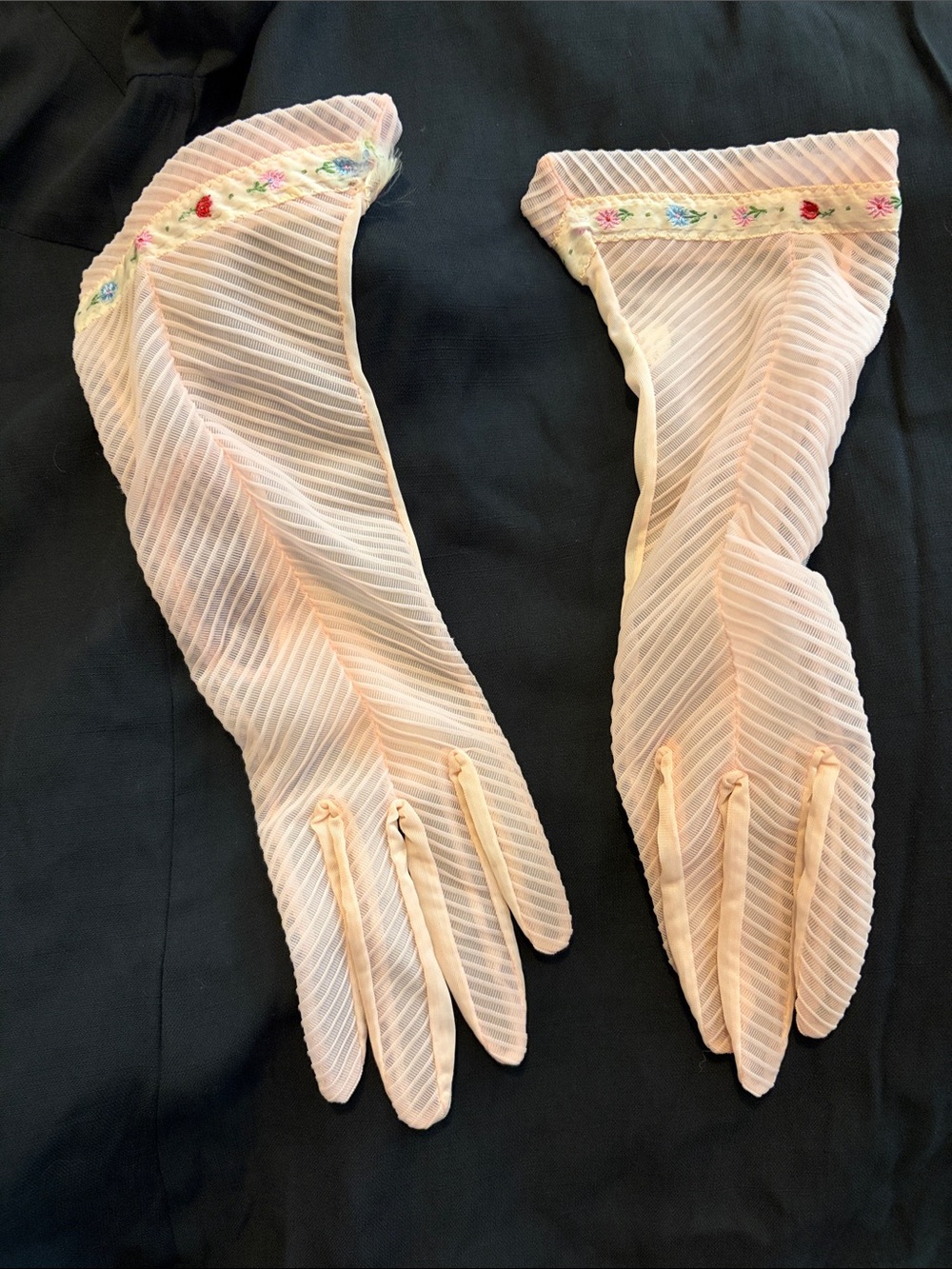 Vintage Sheer Pleated Long Gloves with Floral Trim - Pale Pink